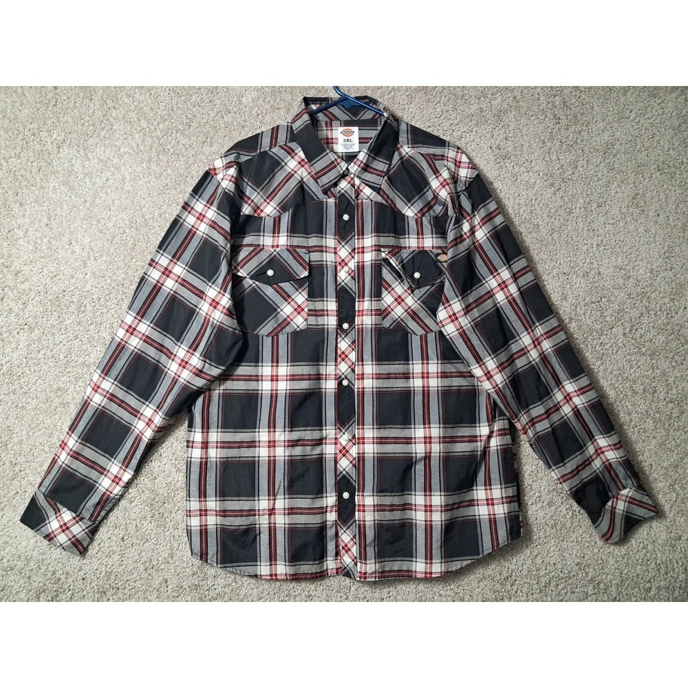 Dickies Shirt Mens 2XL Black Red Plaid Western Snap Button Long Sleeve Workwear